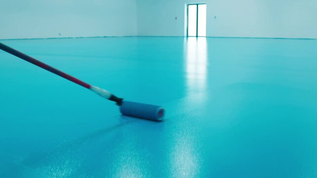 Workers applying blue epoxy resin on floor