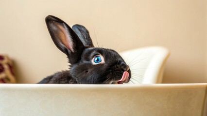 Adorable Mini Rex Rabbit with Striking Blue Eyes Shows Off its Pink Tongue, a Playful Peek-a-Boo Moment