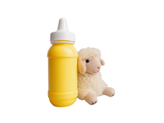 A baby bottle and a toy sheep isolated on white or transparent background, png