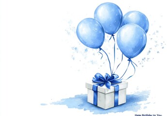 Watercolor birthday gift with blue balloons