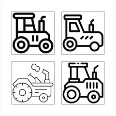 A vector illustration of a set of tractors including trucks, forklifts, and construction vehicles in an industrial setting
