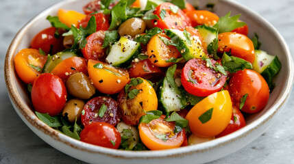 Fresh Mediterranean salad with vibrant tomatoes, cucumbers, and herbs