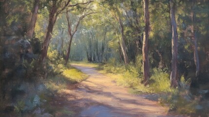 Obraz premium Sun-Kissed Pathway, An Impressionistic Forest Trail Painting