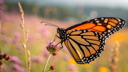 Monarch Butterfly on Flower: A stunning monarch butterfly, showcasing its intricate patterns and vibrant colors, delicately perched on a purple flower, a symbol of transformation and grace