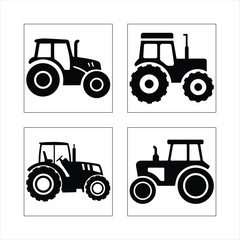 A set of tractor silhouettes in various colors and designs, showcasing agricultural machinery and farm equipment in a field, including models of old and modern vehicles