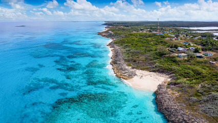 Aerial view of the beautiful coast of Exuma island with turquoise ocean and fine, sandy beaches, The Bahamas, Caribbean © moofushi