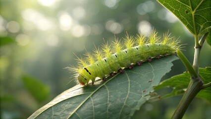 Naklejka premium Caterpillar's Serene Stroll: A vibrant green caterpillar, with its segmented body and fuzzy spikes, slowly makes its way across a leaf, basking in the sun's gentle rays
