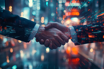 A futuristic handshake between two businesspeople in a high tech environment, with holographic projections of contracts and agreements floating around them, symbolizing digital innovation in modern.