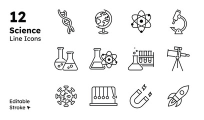 Science line icon set featuring physics, chemistry, biology, laboratory, research, DNA, atom, molecules, telescope, and rocket. Ideal for education, school subjects, and scientific illustrations.