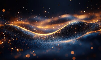 Abstract Glittering Golden Dust Wave with Bokeh Particles on Dark Blue Background