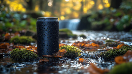 Obraz premium Black can resting on mossy stones in a forest stream during autumn with colorful leaves and gentle flowing water