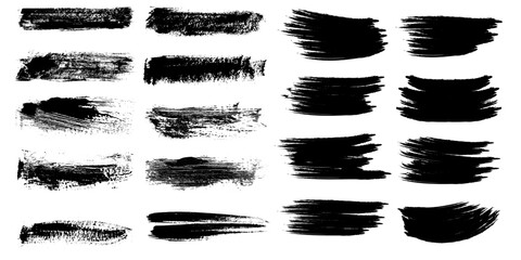 Collection of vector paint brush stroke, ink splatter, grunge line and artistic design elements. Dirty overlay, watercolor splash, black silhouette and torn paper set. Social media business banner art