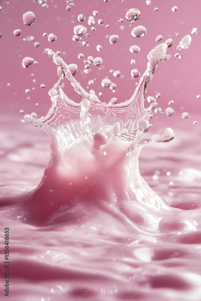 Poster dynamic splash of pink liquid with droplets against a soft backdrop showcasing fluid motion and vibr