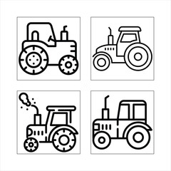 Set of tractor icons in various colors and styles representing farming and agriculture