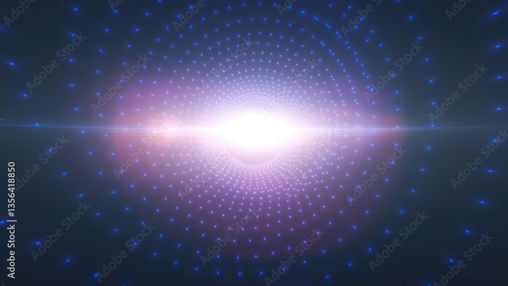 Poster purple and blue neon tunnel digital vortex with intricate wireframe patterns, symbolizing virtual re