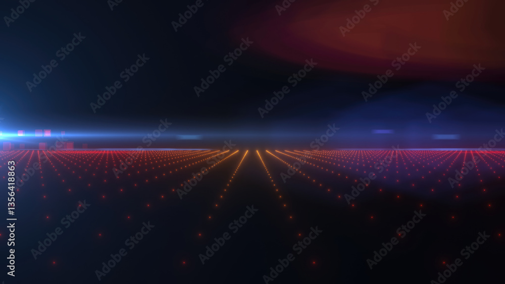 Poster a neon purple and blue glowing digital grid with futuristic elements representing virtual reality an