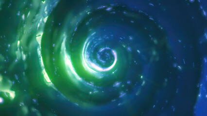 Glowing green and blue spiral forming a vibrant whirlpool in deep space, suggesting cosmic energy and the mysteries of the universe