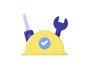 repairman or technician concept. technical, repair and maintenance. engineering and industry. illustration of yellow safety helmet with wrench, and screwdriver. flat style design with grain texture