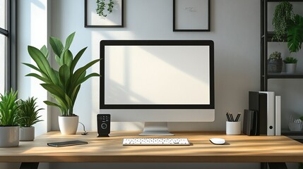 Fototapeta premium Modern Workspace Featuring Computer on Desk with Lush Green Plant Creating a Calm Productive Atmosphere