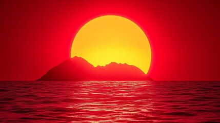 Red sunset over silhouetted island.