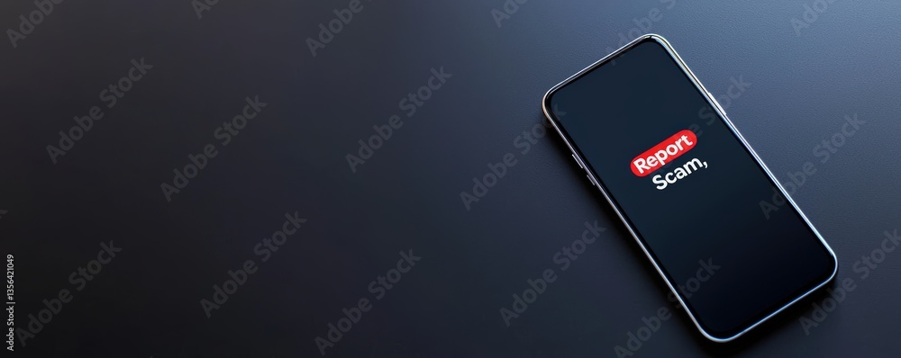 Poster a smartphone displaying a message to report a scam, highlighting the importance of cybersecurity and