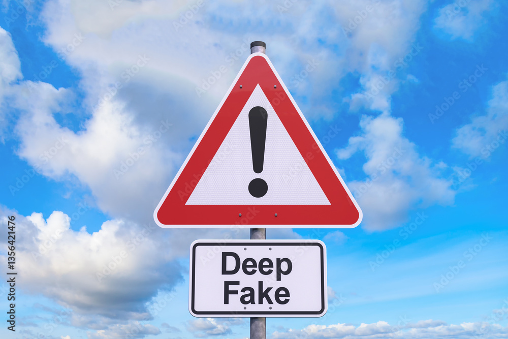 Poster 3d rendering of a caution traffic sign with the message deep fake - warning symbol - in the backgrou