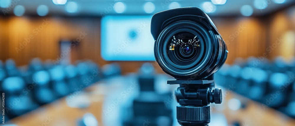 Poster camera lens on tripod in empty conference room with screen and chairs capturing business meeting pre