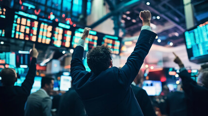 Investors joyfully celebrate in the bustling trading floor as the financial market reaches its closing bell, signaling the end of a successful trading day.