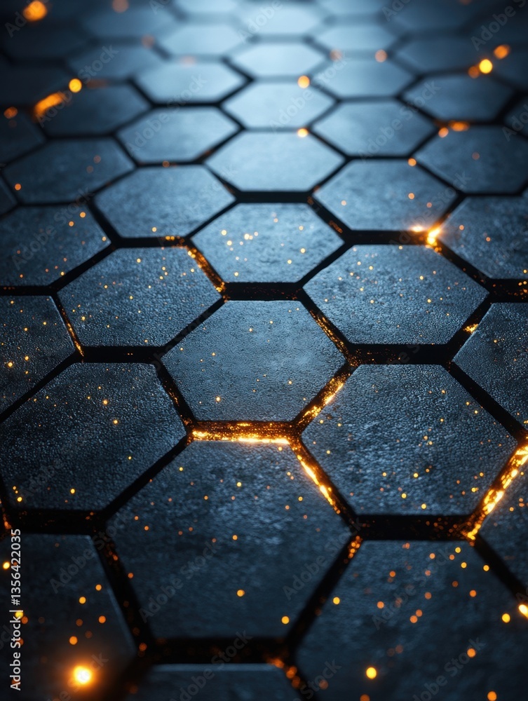 Poster abstract hexagonal pattern with glowing orange cracks evoking a futuristic and technological ambianc