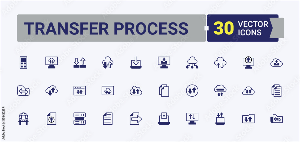 Poster set of transfer process line icon. related to app, transfer, up, load, datal exchange, web and more.