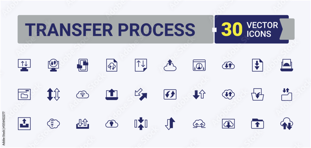 Poster set of transfer process line icon. related to app, transfer, up, load, datal exchange, web and more.