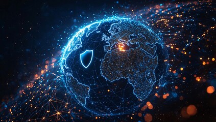 World of Global Digital Networks with Advanced Connectivity: Featuring a Blue Globe Visualization with Radiant Interconnected Nodes, Highlighting Innovations in Cybersecurity, Seamless Communication, 