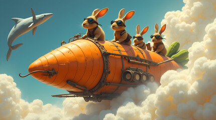 Four adventurous rabbits wearing goggles ride a flying carrot airship through fluffy clouds. A whimsical fantasy scene with cute animals, steampunk details, and a playful, imaginative atmosphere.
