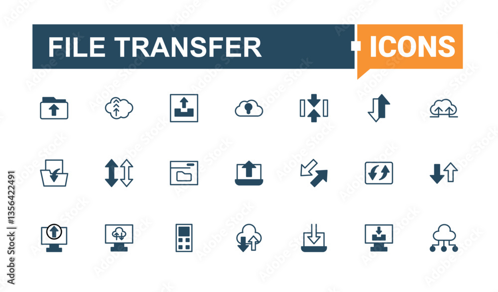 Poster file transfer icon set in linear style. includes thin line symbols up, datal exchange, web, file, da