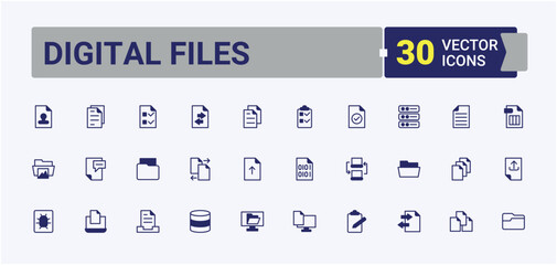 Digital Files icon set. Included paper, document, note, page, file, doc and more. Files vector icon set. Modern icons collection. Vector line and solid icons.