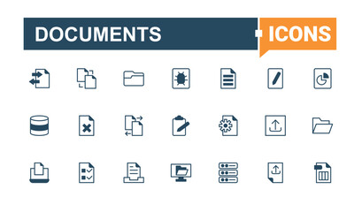 Documents icon set. Contains such icons as note, page, document, doc, paper and more. Files icon set. Outline icons pack. Editable vector outline and solid icons.
