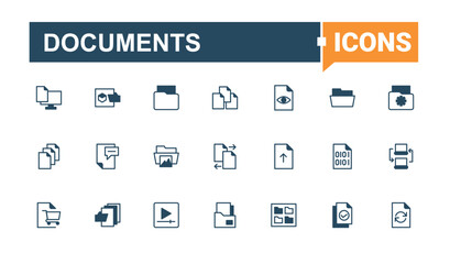 Documents icon set. Contains such icons as note, page, document, doc, paper and more. Files icon set. Outline icons pack. Editable vector outline and solid icons.