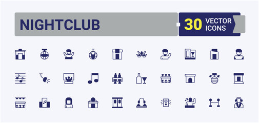 Set of Nightclub line icon. Containing cocktail, bar, disco, party, club and more. Icons for UI designs. Night related icon set. Solid line editable stroke. Vector collection.