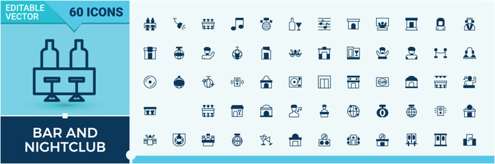 Bar and nightclub icon set in linear style. Includes thin line symbols cocktail, nightlife, club, disco, night, entertainment and more. Nightclub simple icon. Solid line editable stroke.