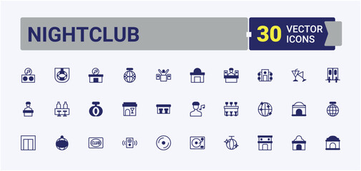 Set of Nightclub line icon. Containing cocktail, bar, disco, party, club and more. Icons for UI designs. Night related icon set. Solid line editable stroke. Vector collection.
