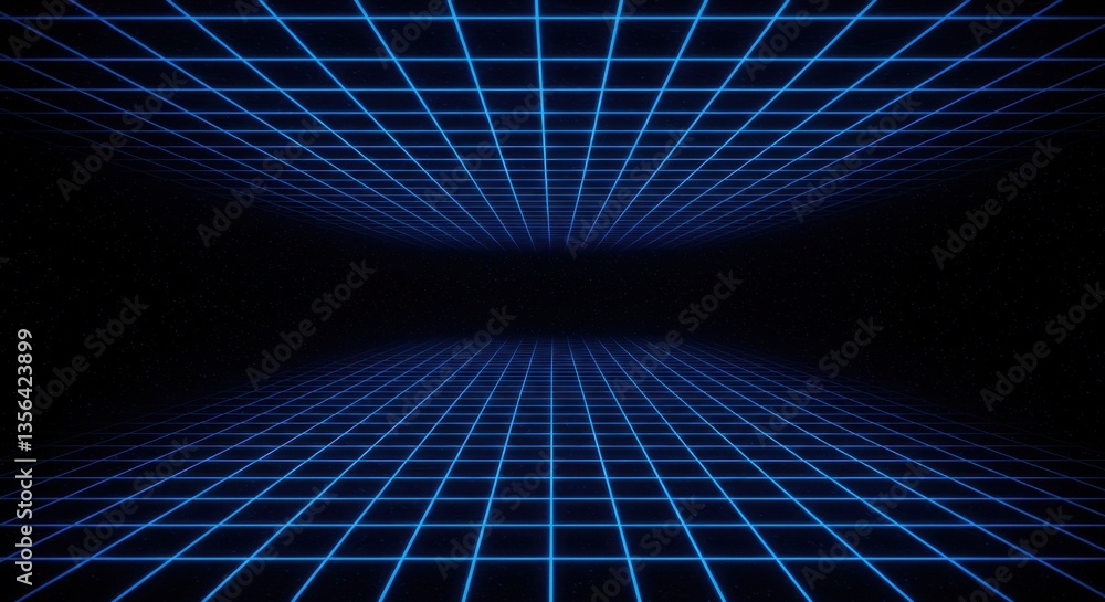 Poster perspective view of a luminous blue grid pattern receding into a dark, star-speckled void, creating 