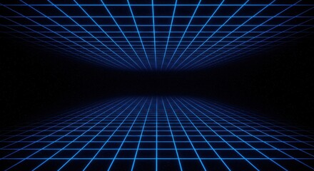Perspective view of a luminous blue grid pattern receding into a dark, star-speckled void, creating an illusion of depth and infinity