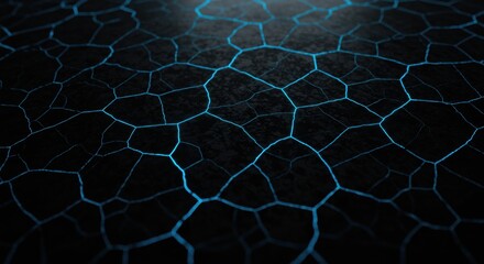 A close-up shot of a dark surface with a network of glowing blue cracks resembling a shattered material