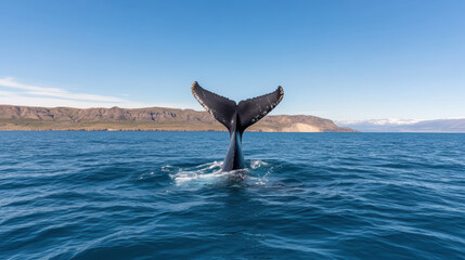 Fototapeta premium majestic whale tail emerging from ocean, showcasing beauty of marine life and nature