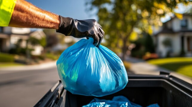 A garbage collector collecting trash bags from a residential street.