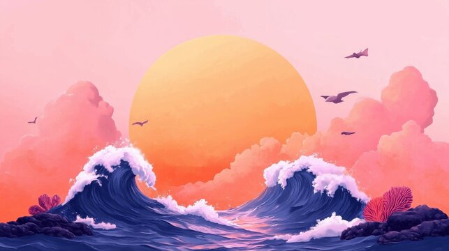Vibrant sunset over waves with clouds and birds in a serene landscape. Illustration pastel minimal mockup blank frame World Oceans Day - ocean conservation theme with waves, sea creatures