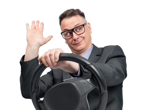 A cheerful middle-aged man in a suit and glasses drives while waving playfully. He grips the steering wheel with one hand, showing an amusing, confident expression. Business and humor concept