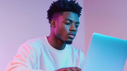A young man using a laptop computer.