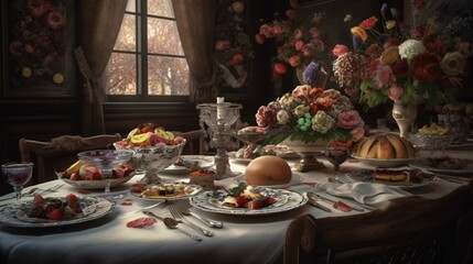 Naklejka premium Luxurious Still Life A Sumptuous Feast in a Historic Setting