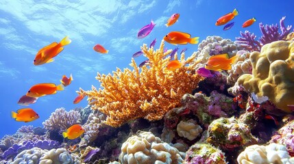 Obraz premium A vibrant coral reef with colorful fish swimming around, offering a lively underwater backdrop with ample copy space,